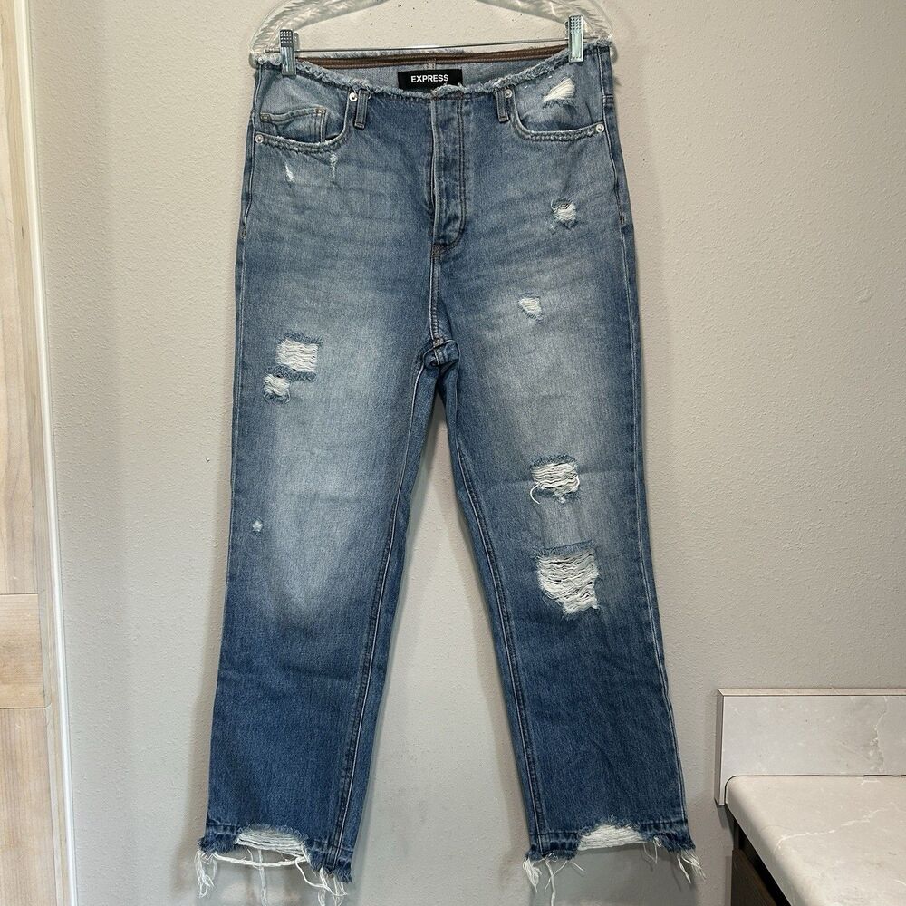 Express Womens Jeans 6 High Rise 100% Cotton Distressed Button Fly Blue Denim